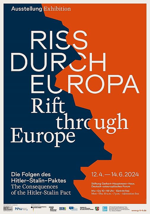 Plakat zur Ausstellung Riss durch Europa in orange und blau