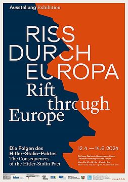 Plakat zur Ausstellung Riss durch Europa in orange und blau