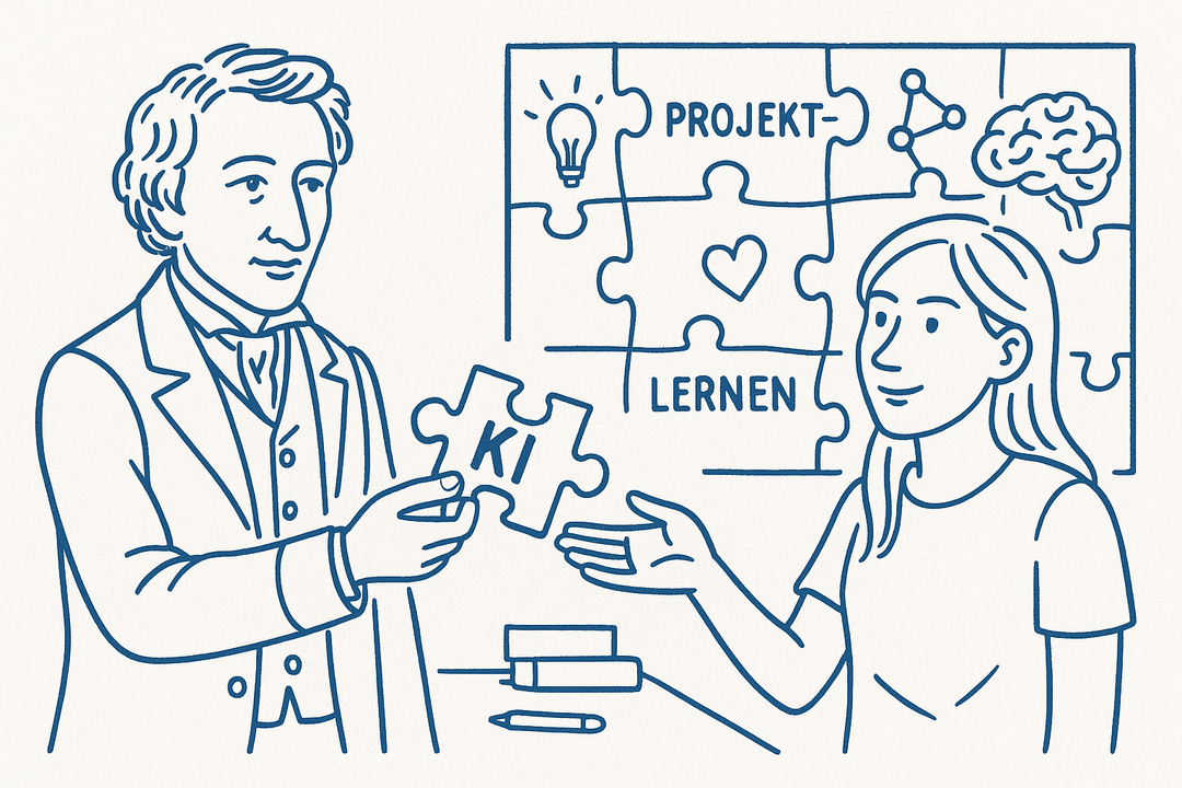 Heinrich Heine überreicht einer Studentin ein Puzzleteil, auf dem "KI" steht. 