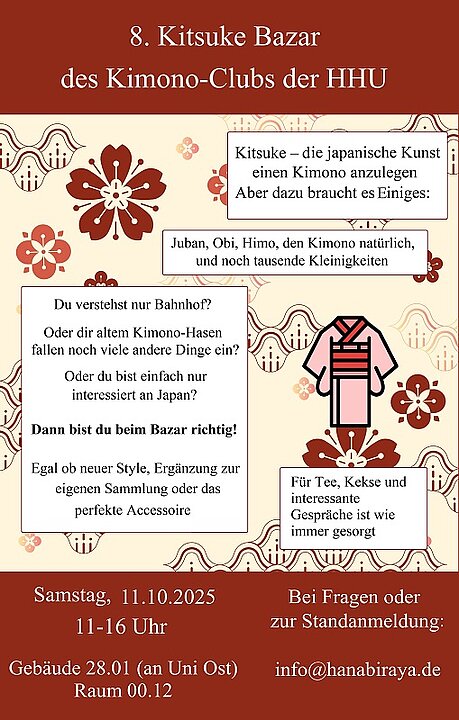 Flyer zum Kimono-Bazar mit grafischen Elementen wie Kimono und Angaben zu Ort und Uhrzeit etc..