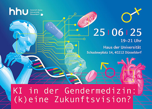 Schmuckbild: Vektorgrafik eines DNA-Strangs, eines Roboters und von zwei Tabletten. Titel der Veranstaltung: KI in der Gendermedizin: (k)eine Zukunftsvision? Datum und Ort der Veranstaltung: 25.06.25, 19-21 Uhr,  Haus der Universität, Schadowplatz 14, 40212 Düsseldorf 