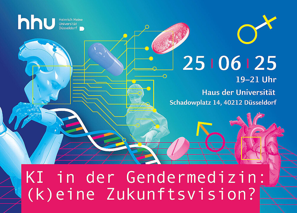 Schmuckbild: Vektorgrafik eines DNA-Strangs, eines Roboters und von zwei Tabletten. Titel der Veranstaltung: KI in der Gendermedizin: (k)eine Zukunftsvision? Datum und Ort der Veranstaltung: 25.06.25, 19-21 Uhr,  Haus der Universität, Schadowplatz 14, 40212 Düsseldorf 