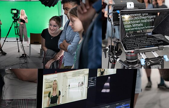 Eine Collage von Szenen des Journalismustages. Zum Beispiel einen Blick auf einen Prompter sowie einen Blick in einen Greenroom. 