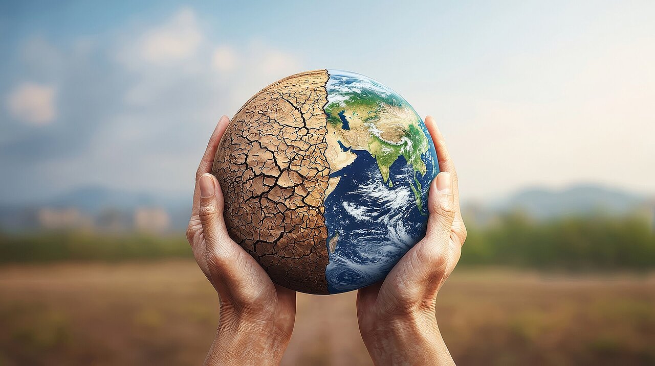 Darstellung einer Erdkugel in den Händen einer Person, die Erdkugel ist senkrecht aufgeteilt. Die rechte Hälfte ist durch den Klimawandel geprägt und wirkt ausgetrocknet, die linke Hälfte sieht gesund aus. Im Hintergrund ist eine trockene Landschaft zu sehen.