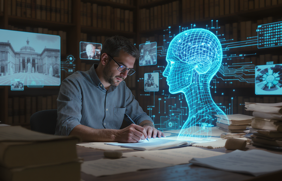 Ein Mann sitzt an einem Schreibtisch, auf dem alte Bücher liegen. Vor ihm leuchtet ein blaues Hologramm eines Kopfes. Im Hintergrund sieht man auf den Wänden alte Aufnahmen in schwarz-weiß sowie ein blaues Netzwerk.