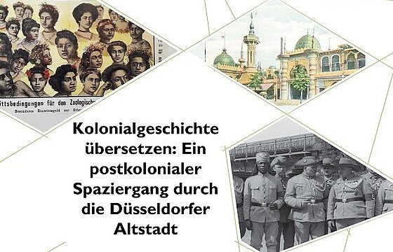 Veranstaltungsposter mit zeitgenössischen Bildausschnitten aus der Kolionialzeit