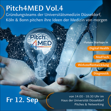Grafik: Eine Glühbirne enthält das Pitch4Med-Logo, Ergänzt sind die Kerndaten zur Veranstaltung: Fr., 12.09., Haus der Universität, 14:00-18:00 Uhr.
