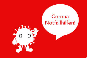 Virus Zeichnung mit Sprechblase, in der Corona Nothilfe stehe